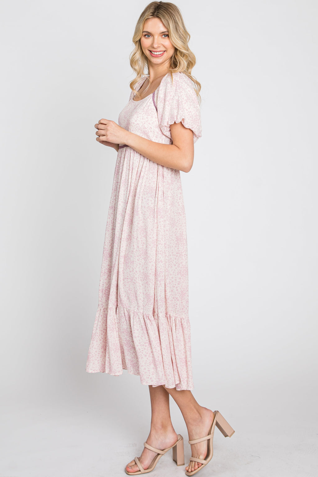 Pink Floral Crochet Accent Midi Dress