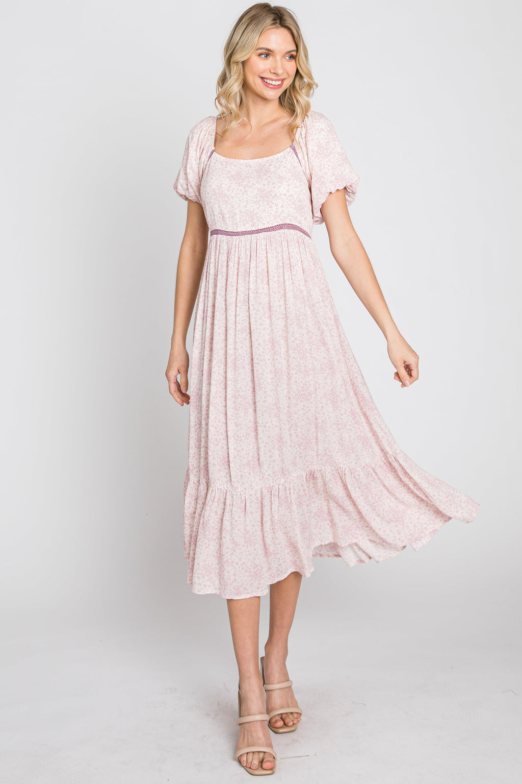 Pink Floral Crochet Accent Midi Dress