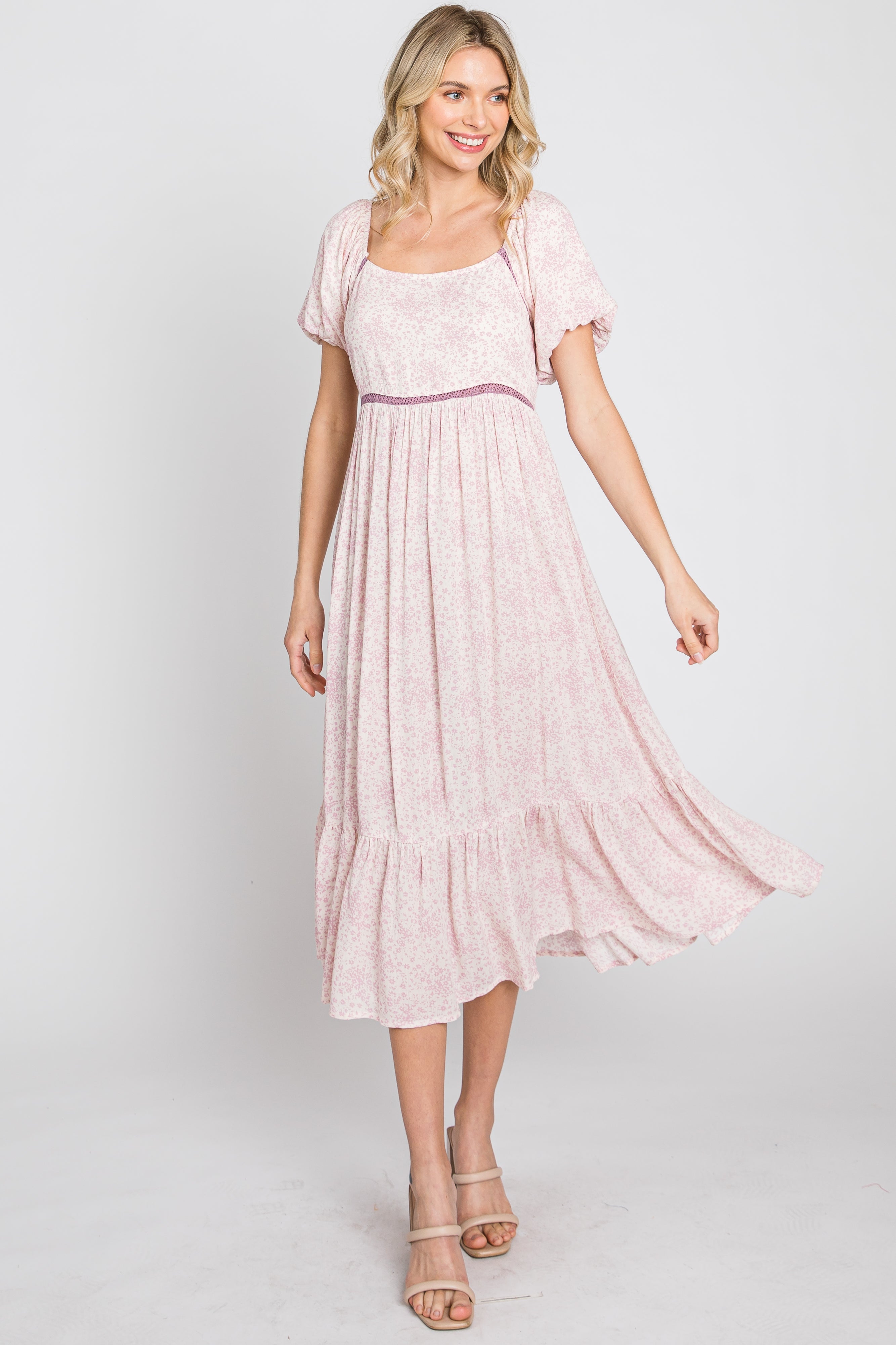 Pink Floral Crochet Accent Midi Dress