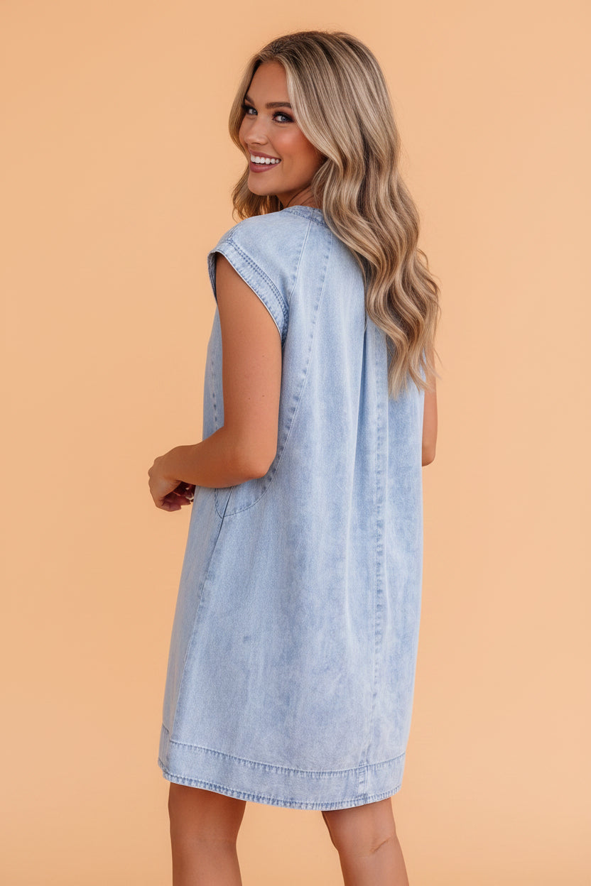 Light Blue Denim Cap Sleeve Pleated Round Neck Shift Dress