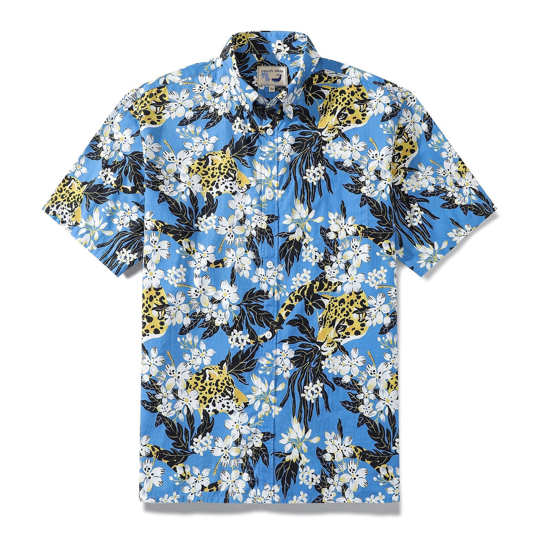 1930s vintage style Hawaiian shirt with leopard and jungle floral print on a blue background.