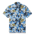 1930s vintage style Hawaiian shirt with leopard and jungle floral print on a blue background.