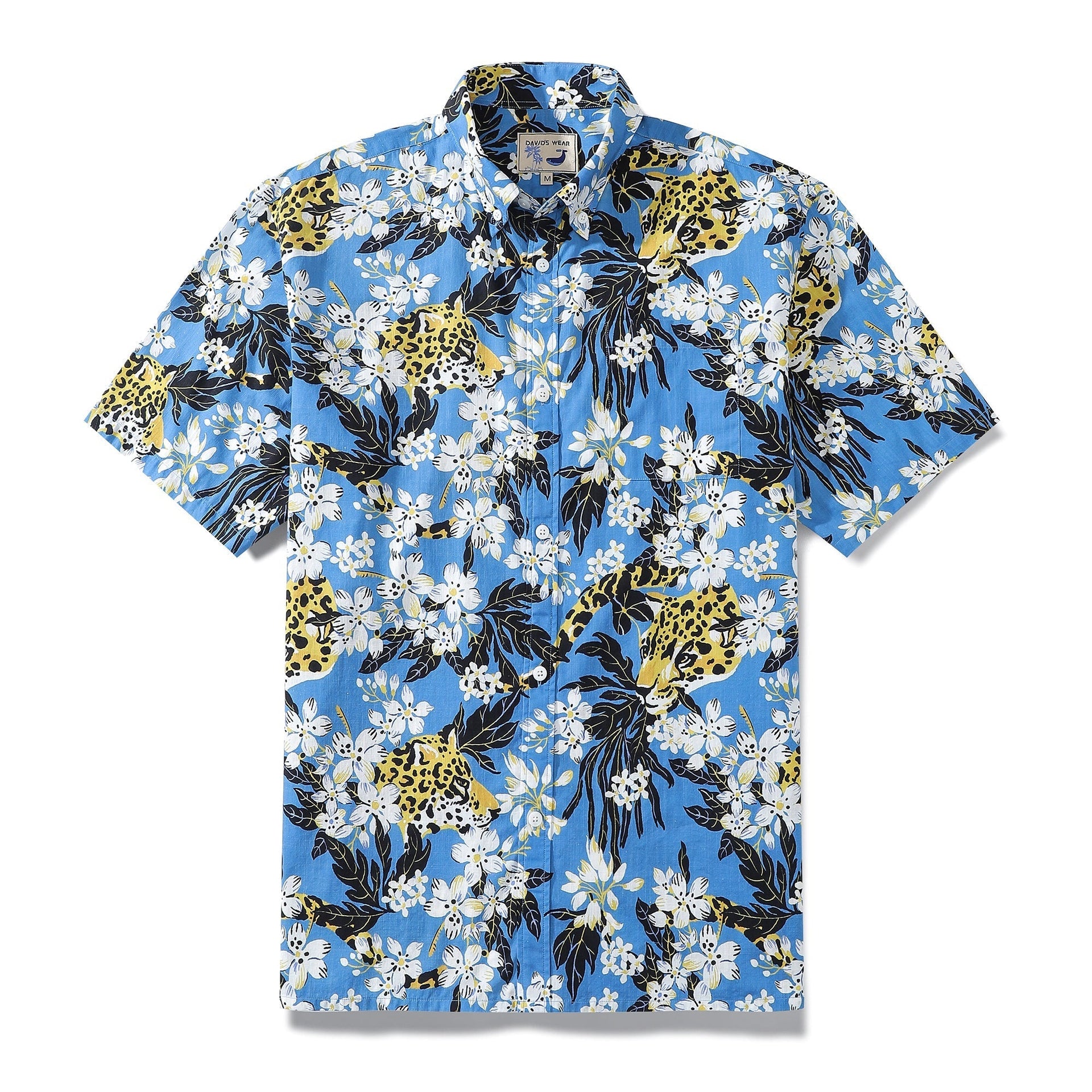 1930s vintage style Hawaiian shirt with leopard and jungle floral print on a blue background.