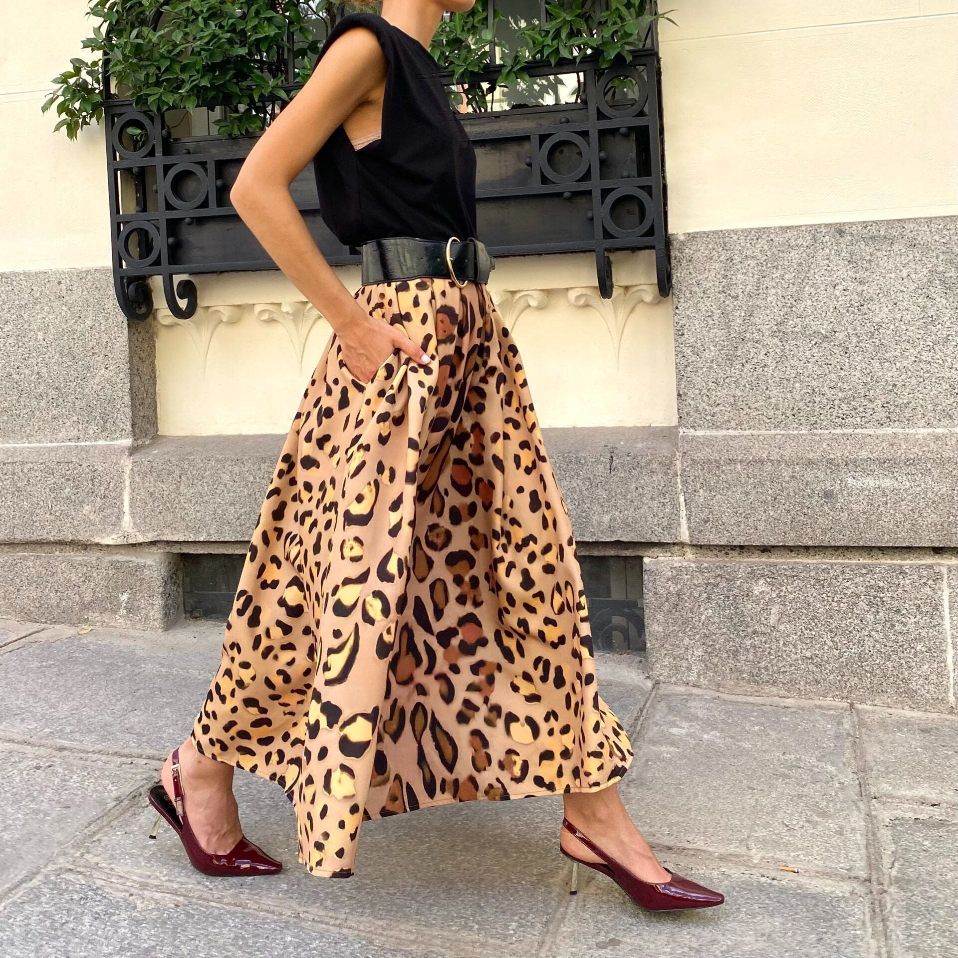 Women’s Leopard Print A-Line Skirt Elegant Big Hem Midi