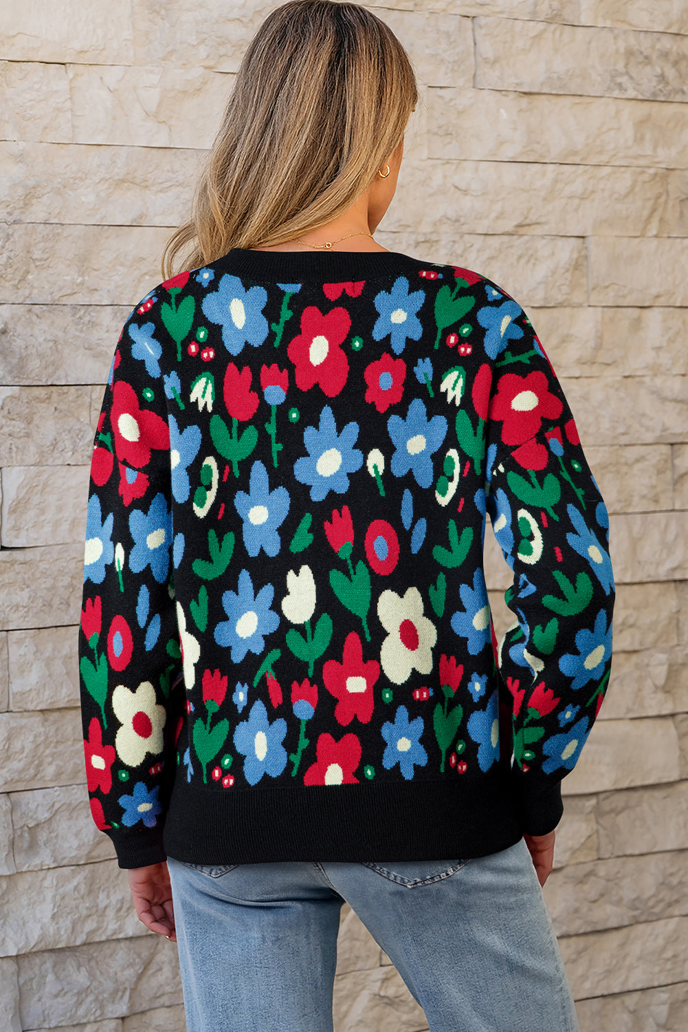 Floral Buttoned V-Neck Cardigan Sweater