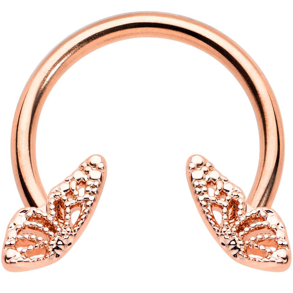 16G 3/8 Rose Gold Hue Texture Butterfly Horseshoe Circular Barbell