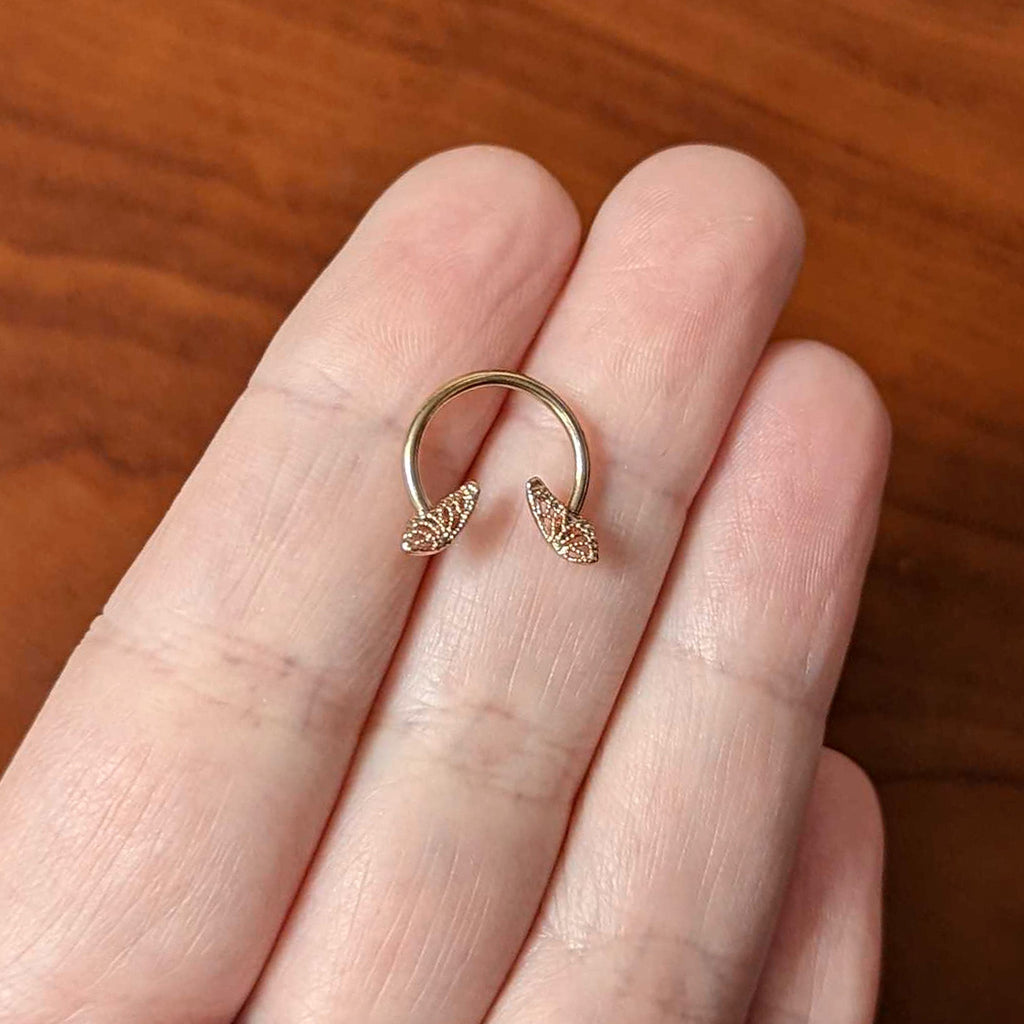 16G 3/8 Rose Gold Hue Texture Butterfly Horseshoe Circular Barbell