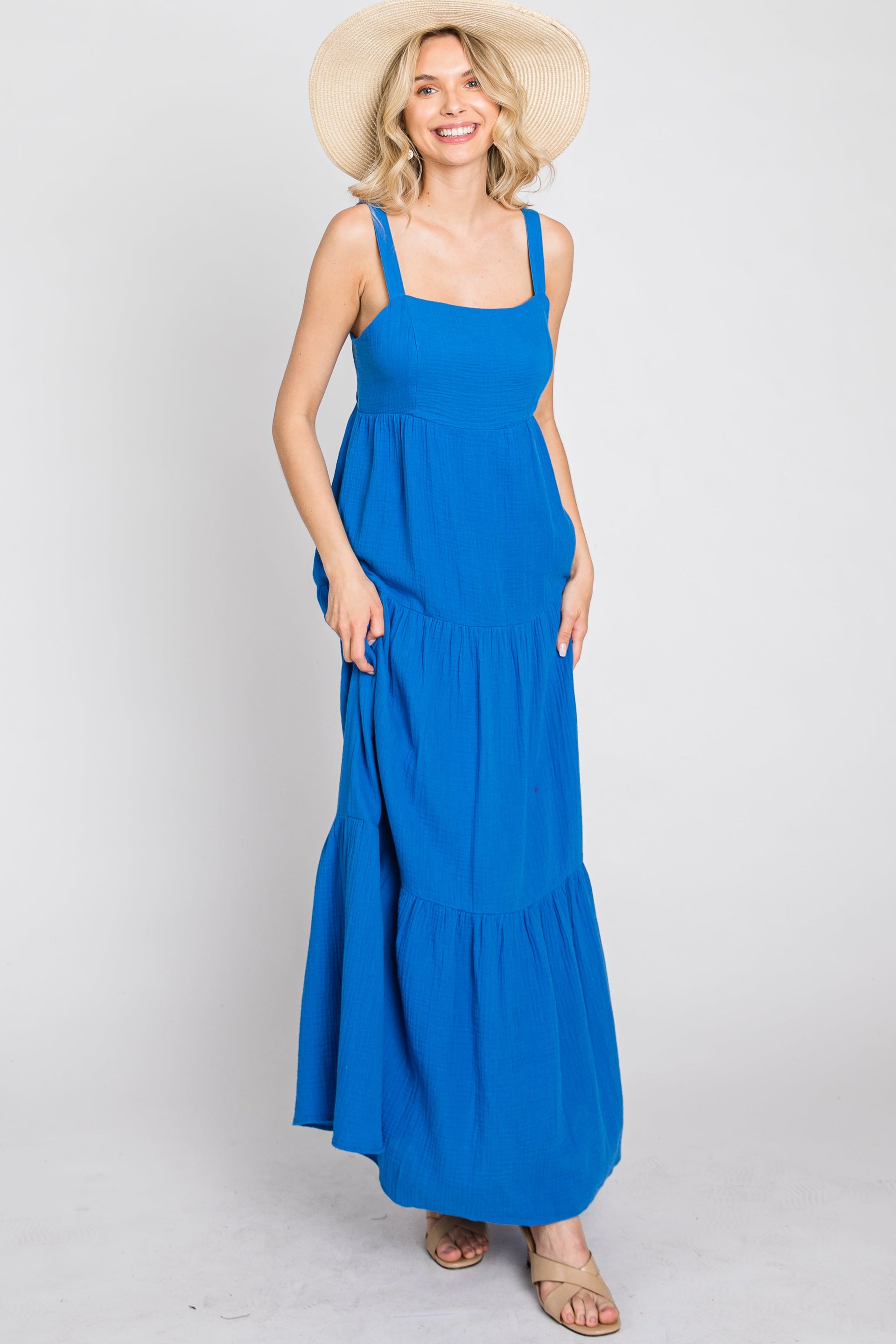 Blue Sleeveless Ruffle Tiered Maxi Dress