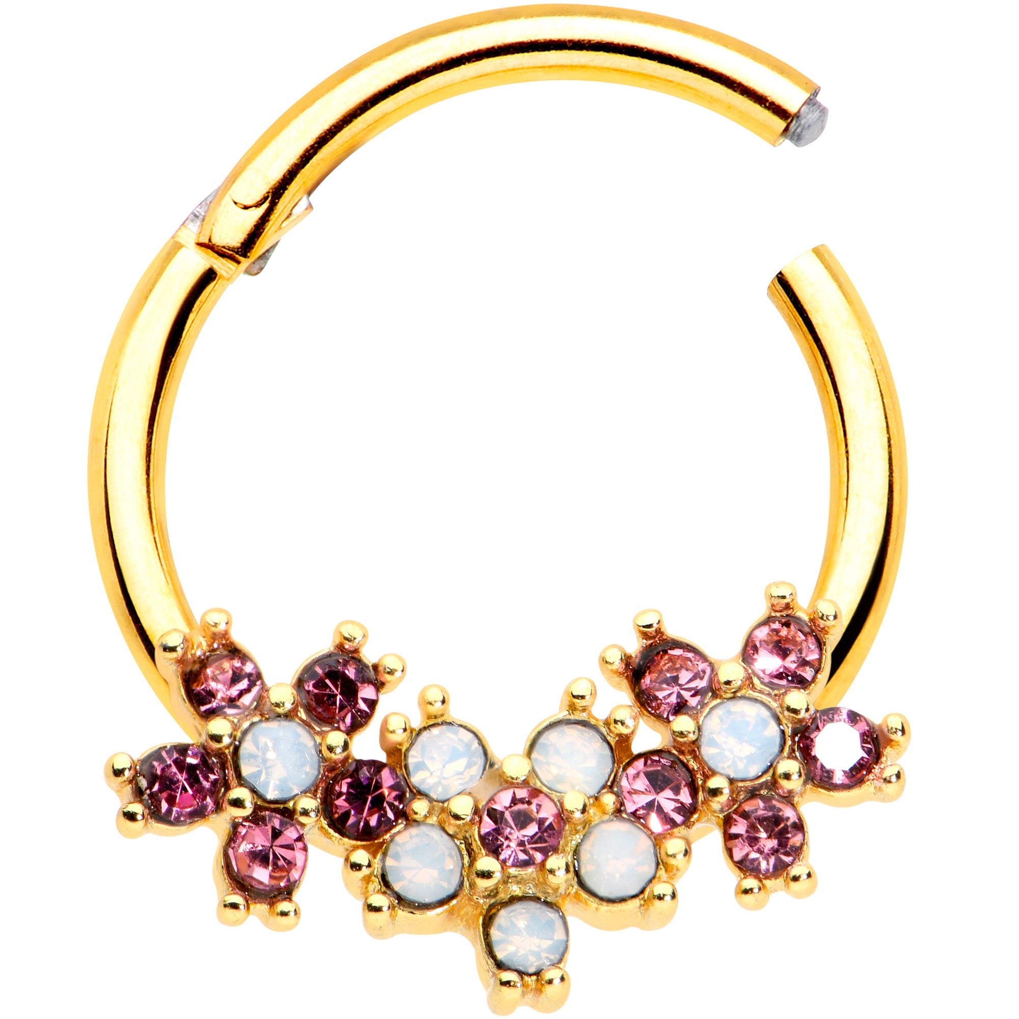 16G 3/8 White Faux Opal Gold Hue Bunch Flower Hinged Segment Ring