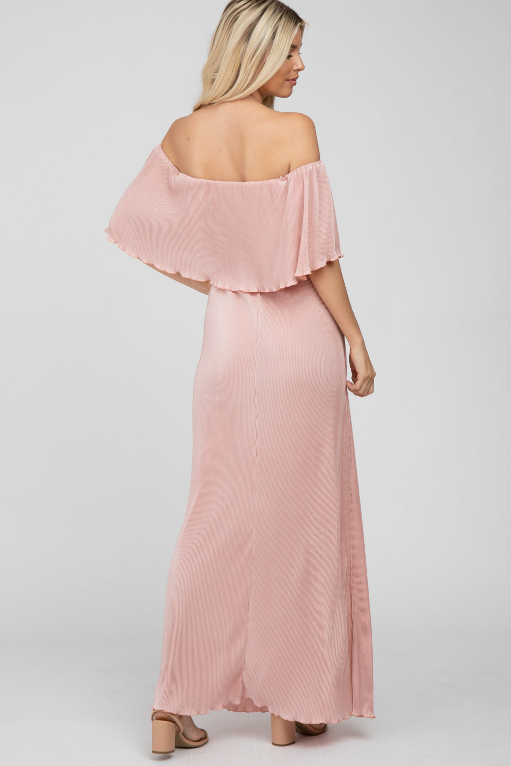 Pink Pleated Ruffle Off Shoulder Maxi Dress