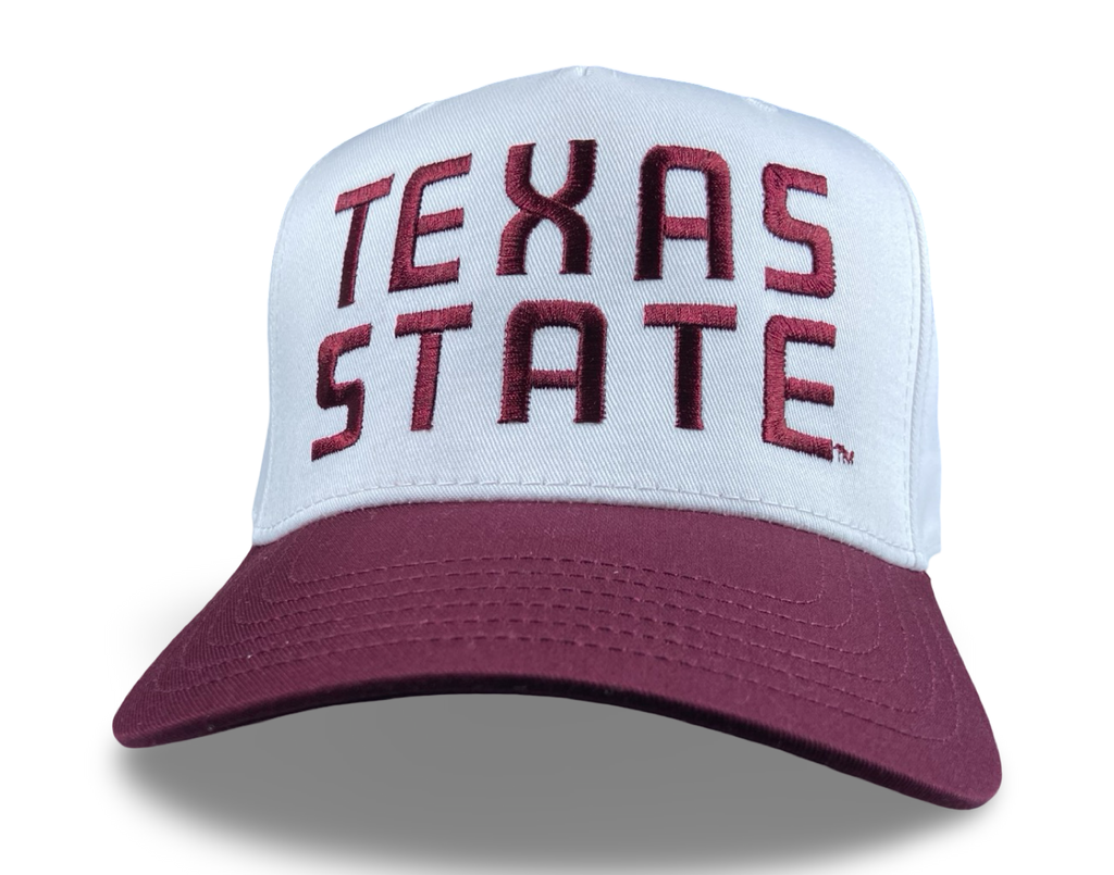 Texas State trucker hat with oversized maroon lettering and white mesh back