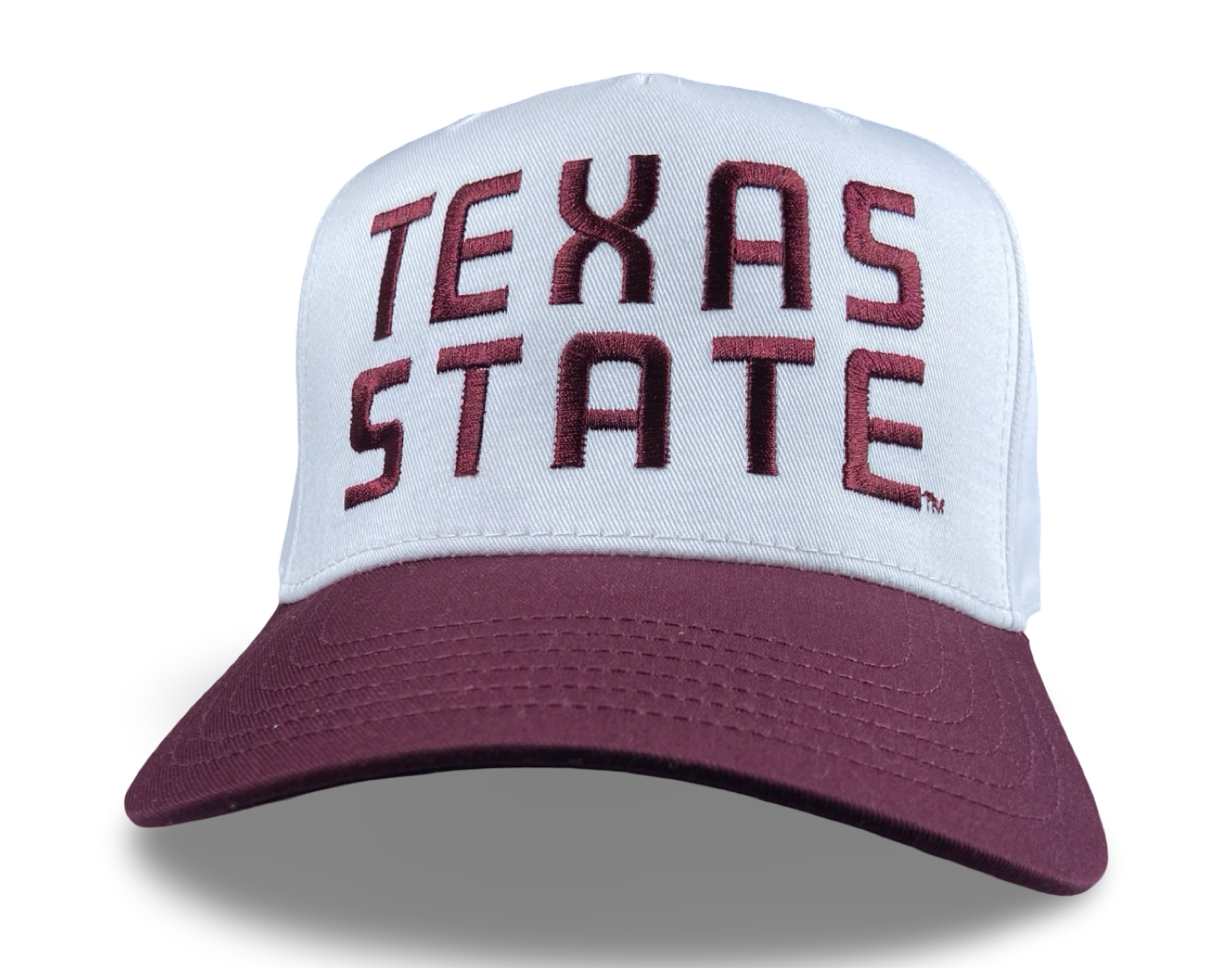 Texas State trucker hat with oversized maroon lettering and white mesh back