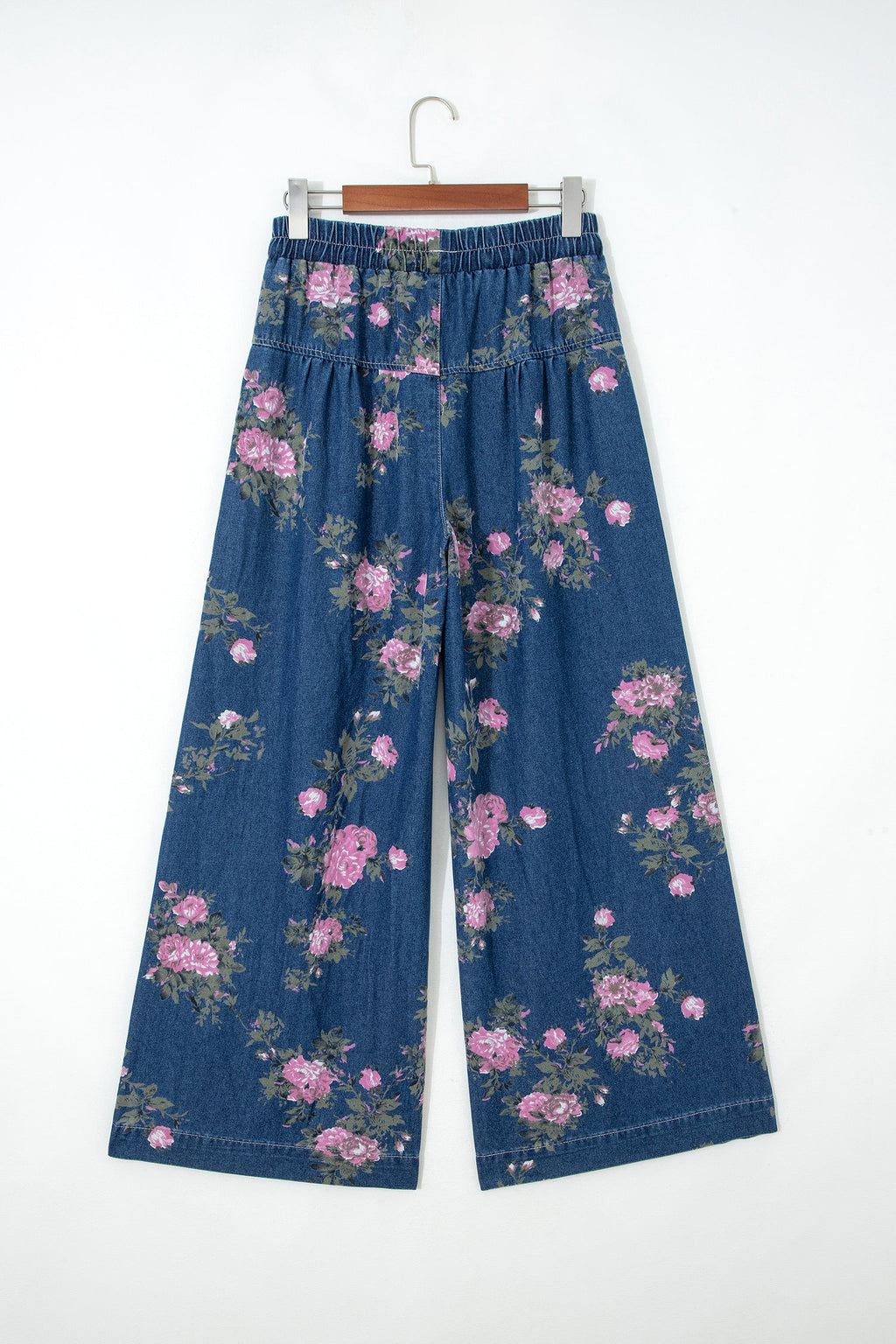 Floral Print Wide Leg Denim Jeans with Tie Waist