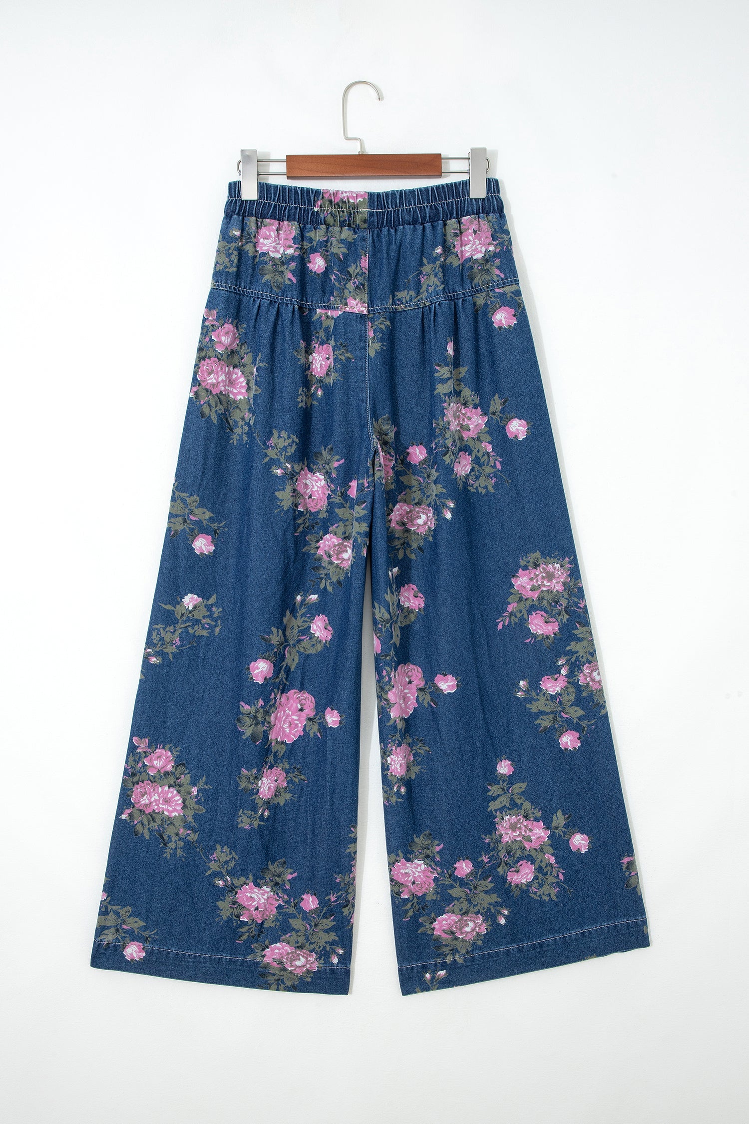 Floral Print Wide Leg Denim Jeans with Tie Waist