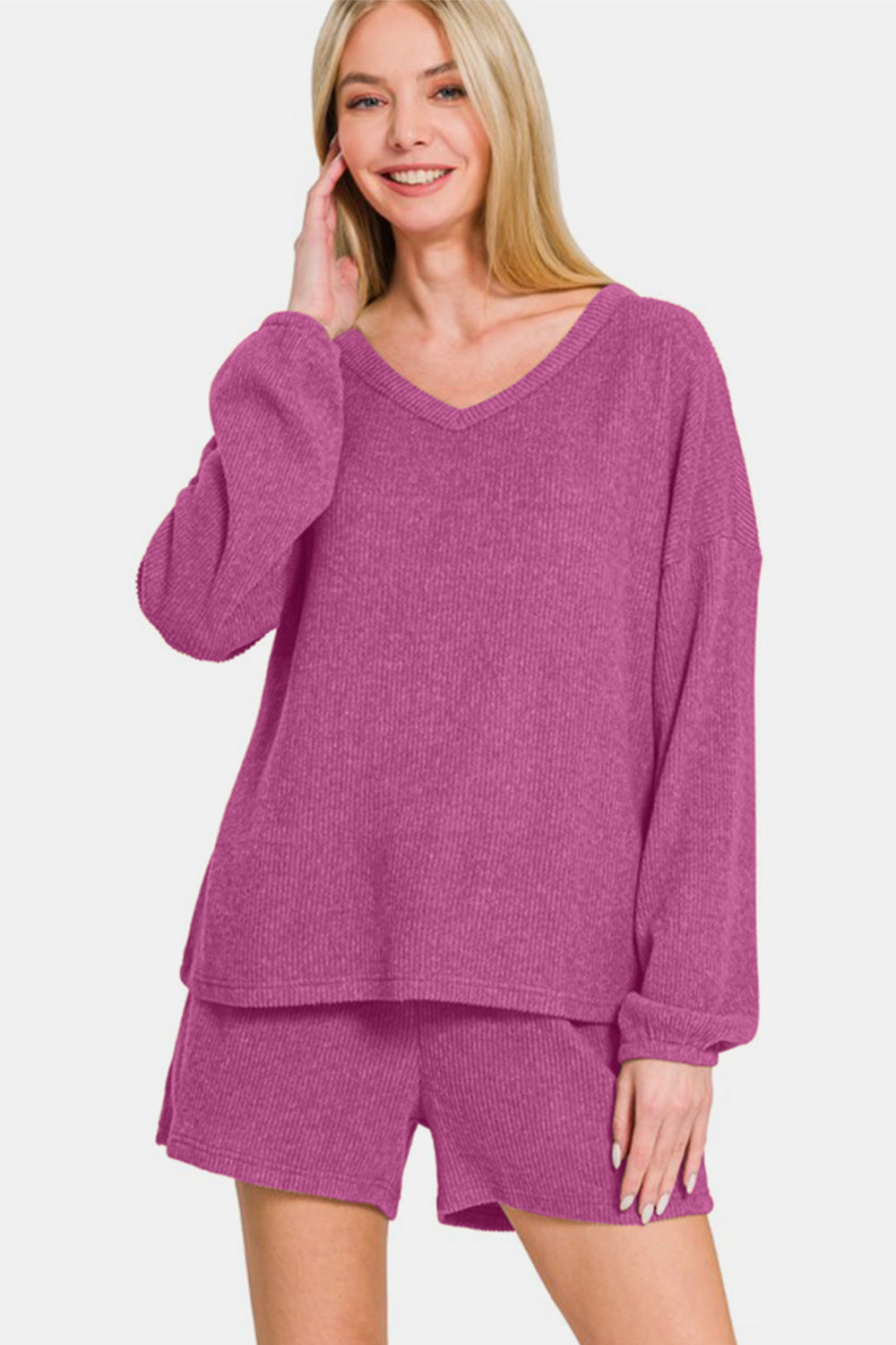 Zenana V-Neck Long Sleeve Ribbed Top & Shorts Set