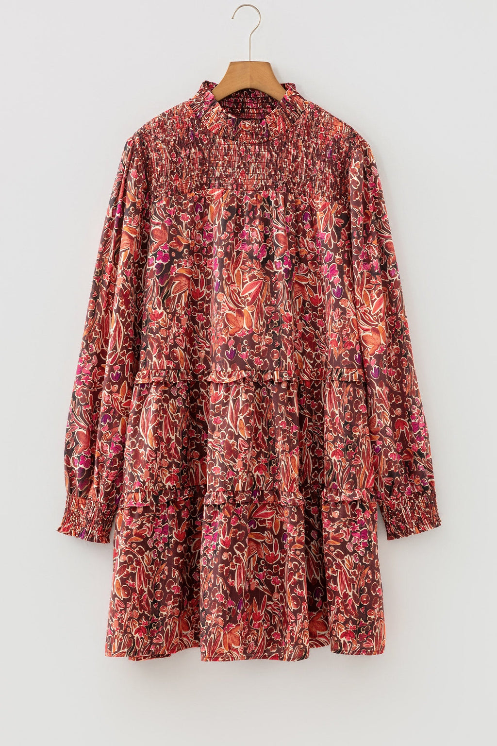 112 Red Floral Chiffon Long Sleeve Mini Dress - Shirred High Neck