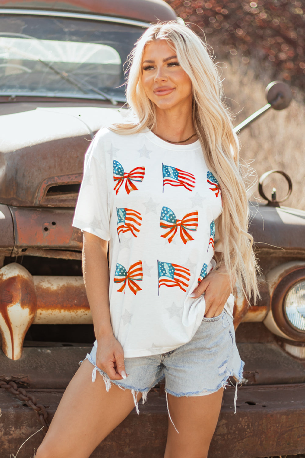 Khaki Patriotic Flag Bow Graphic Starry Round Neck T-Shirt
