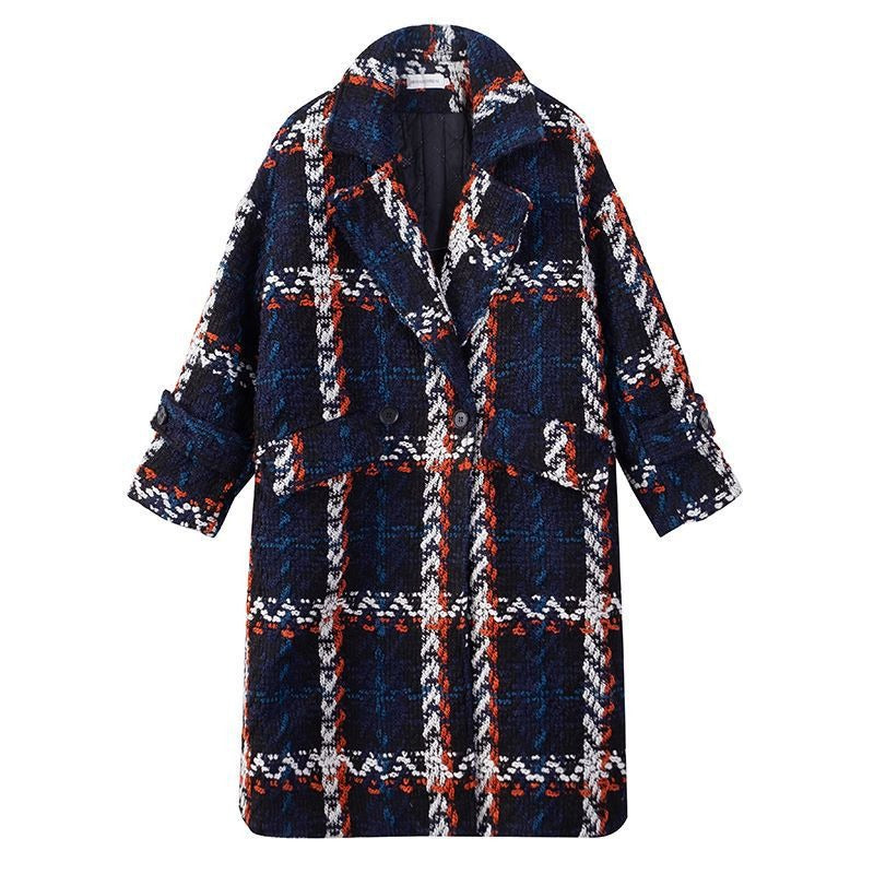 Women's Blue Plaid Woolen Mid-Length Overcoat - Harajuku Style - Image 5
