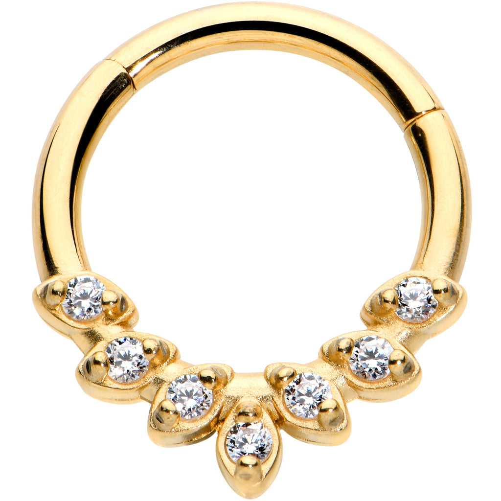 16G 5/16 Clear CZ Gem Gold Tone Seven Leaf Hinged Segment Ring
