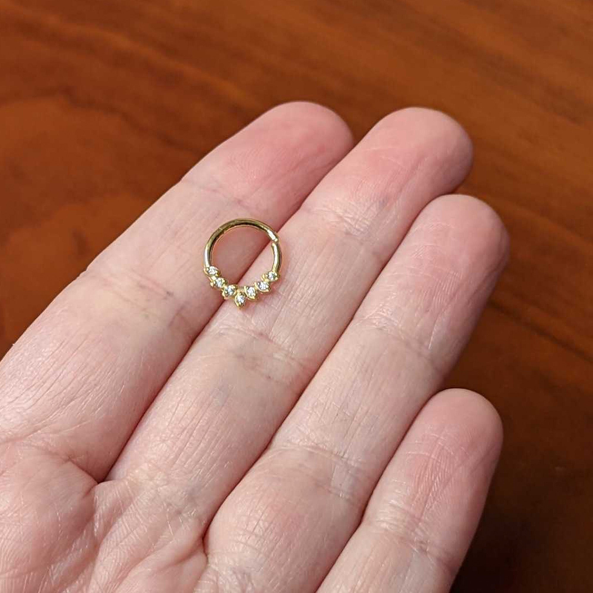 16G 5/16 Clear CZ Gem Gold Tone Seven Leaf Hinged Segment Ring