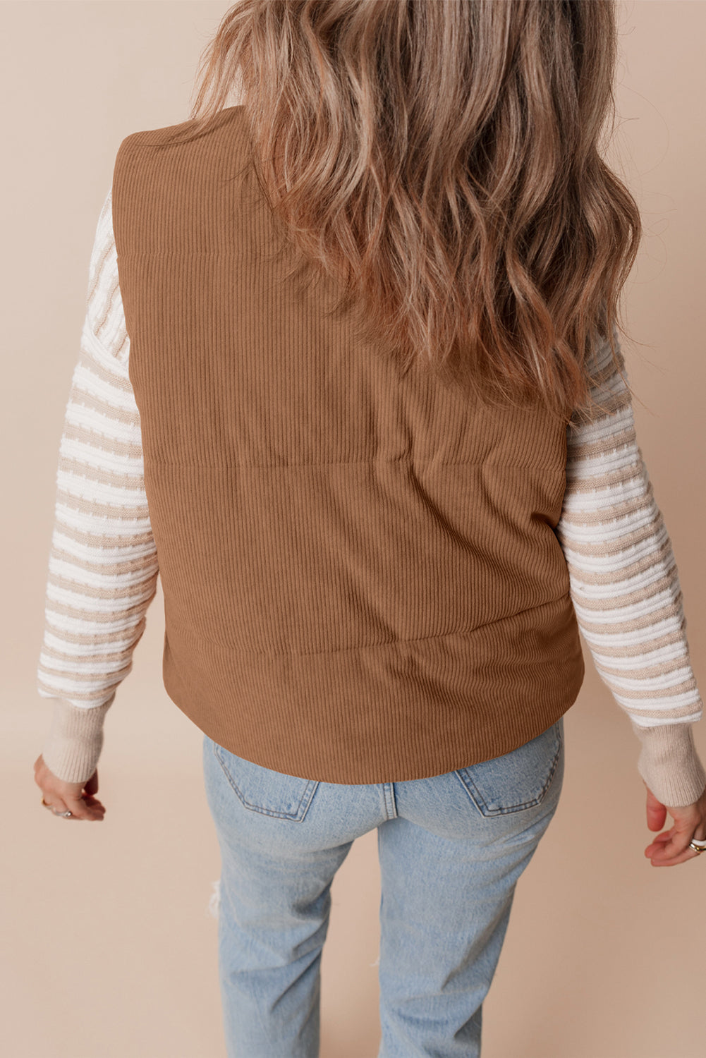 Women's Corduroy Stand Neck Zipped Puffer Vest Cropped Outerwear