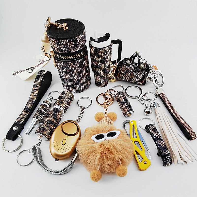 12-Piece Diamond-Embellished Leopard Print Keychain Set for Bags
