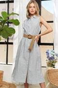A classic striped button-down sleeveless midi dress for a timeless chic look