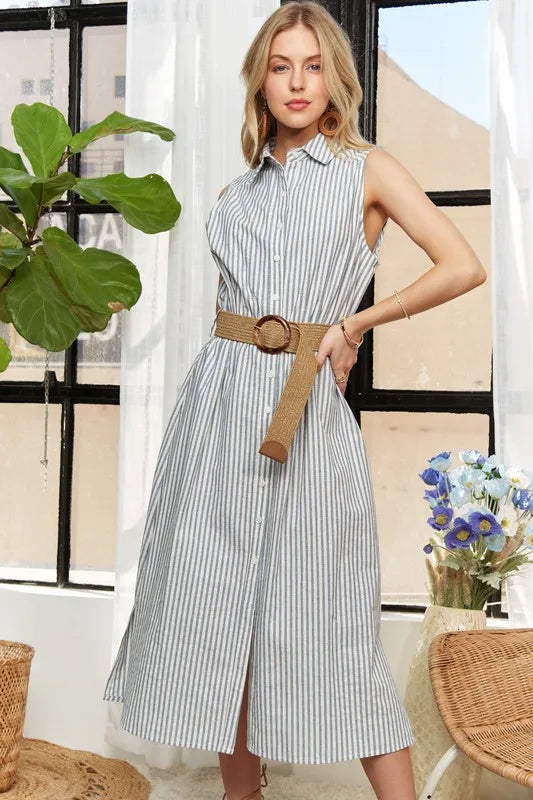 A classic striped button-down sleeveless midi dress for a timeless chic look