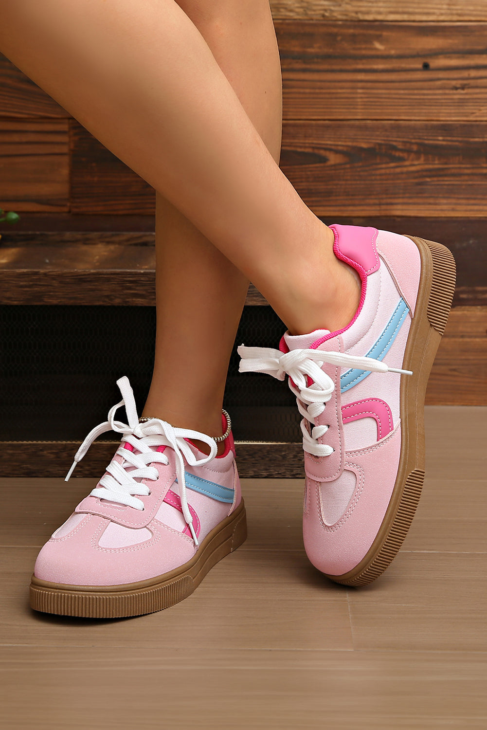 Pink Striped Patchwork Lace Up Sneakers | PU Leather