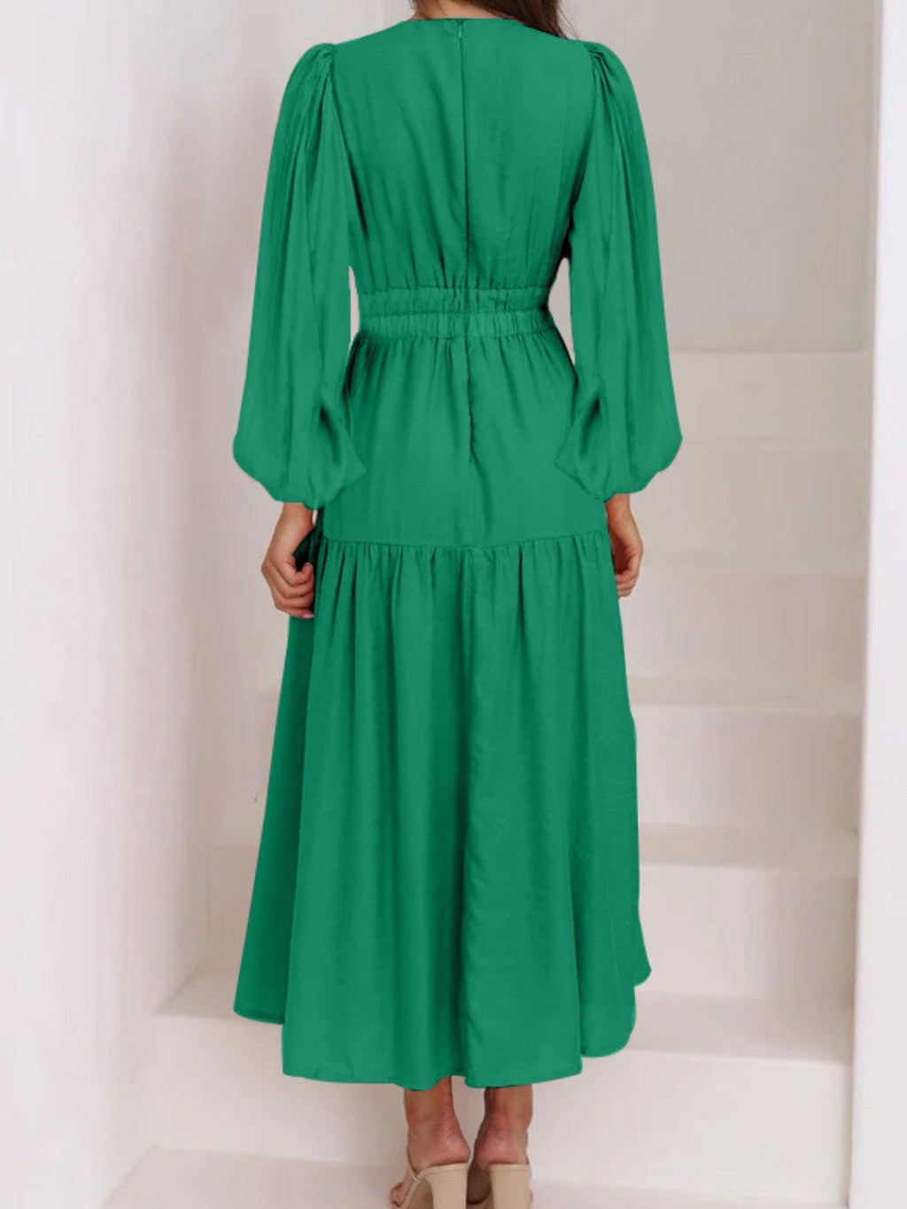 Bohemian Deep V-Neck Maxi Dress with Dramatic Balloon Sleeves