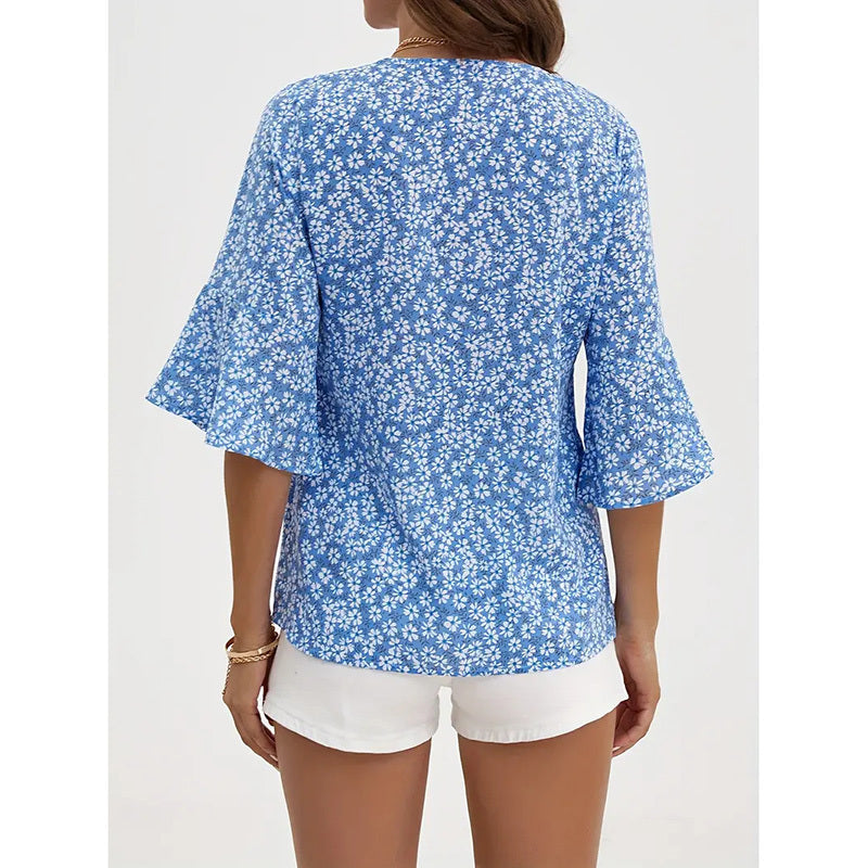 Womens Blue Floral V-Neck Blouse with Flare Sleeves - Image 6