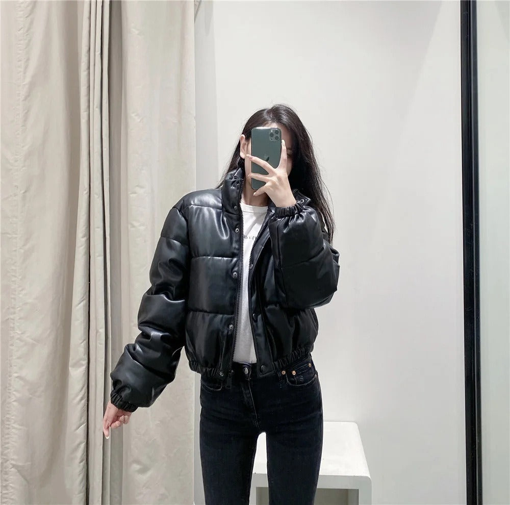 Stylish Women's Tan Faux Leather Puffer Jacket with Stand Collar - Image 3