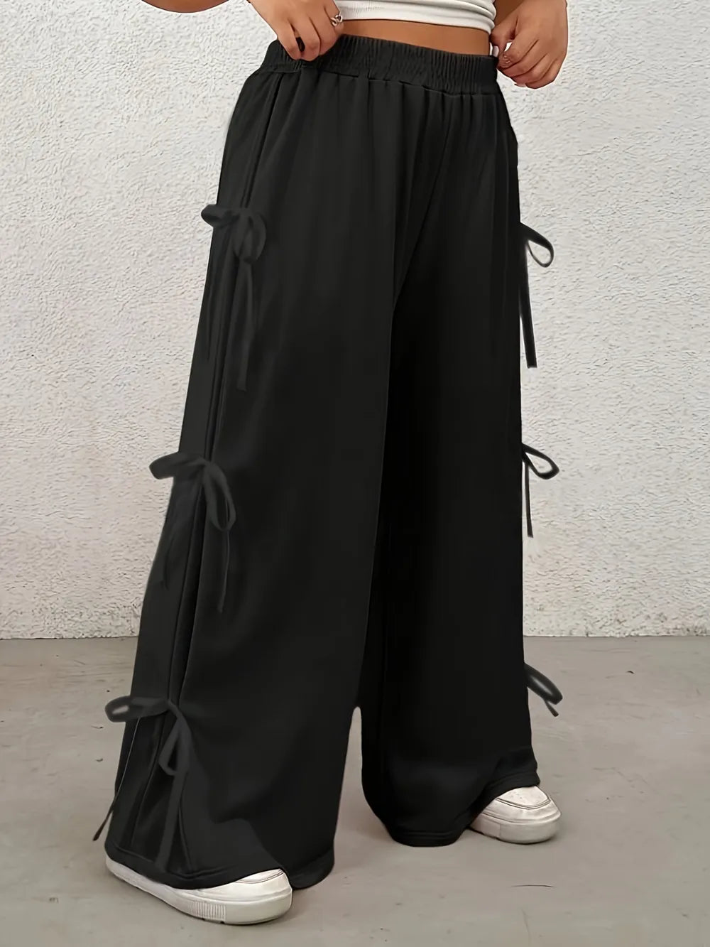 Wide Leg Elastic Waist Pants with Bow Detail for Playful Style - Image 2