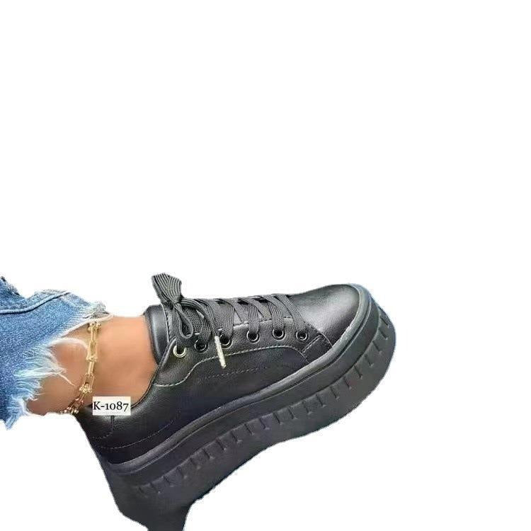 Harajuku Style Fashion Women's Platform Lace-Up Casual Sneakers with Thick Soles in Black and Tan, styled with jeans and an anklet.