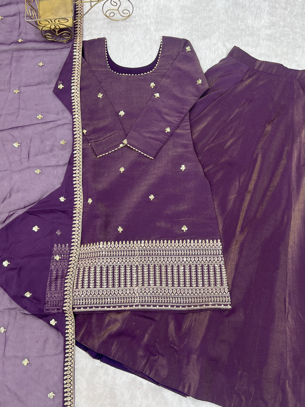 Purple Roman Shimmer Chanderi Silk Kurta Lehenga with Dupatta Set