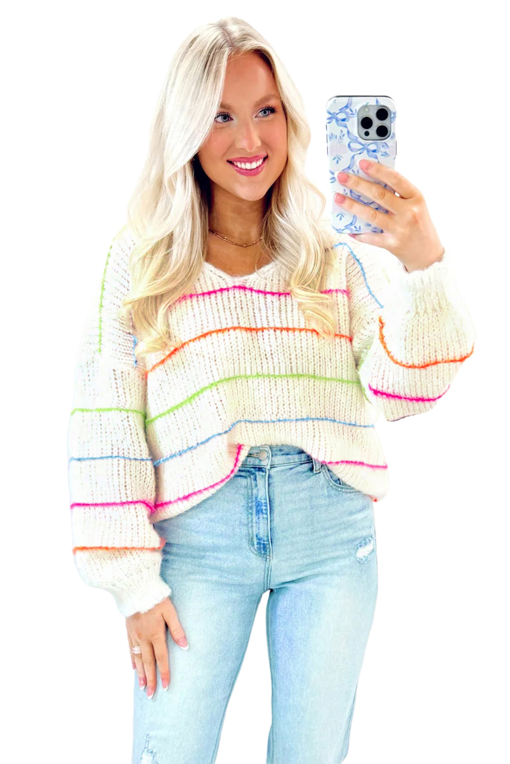 White Striped V Neck Drop Sleeve Acrylic Sweater