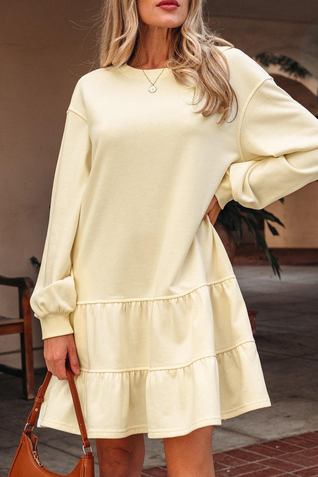 Yellow Loose Fit Mini Dress with Drop Shoulder and Ruffled Hem