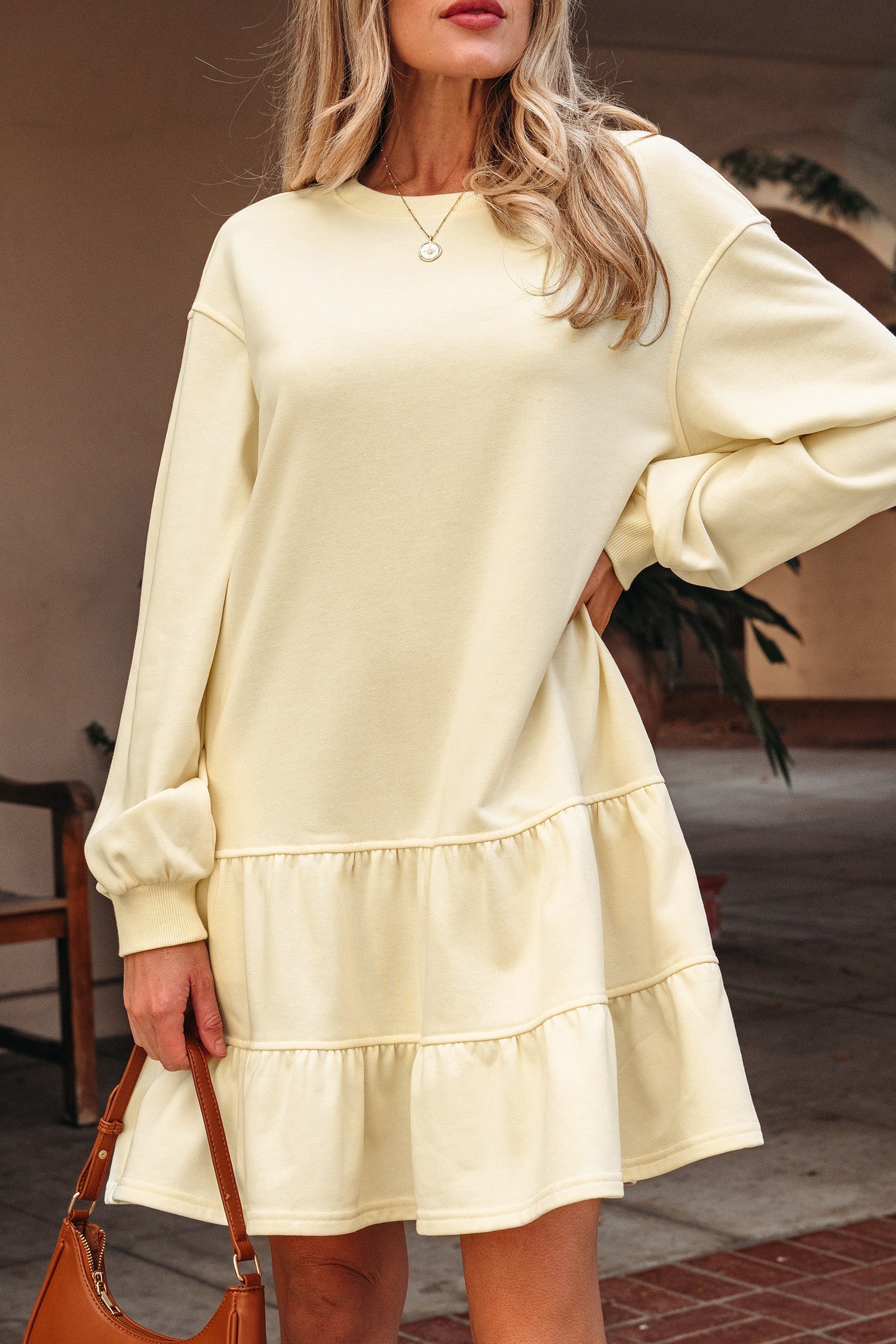 Yellow Loose Fit Mini Dress with Drop Shoulder and Ruffled Hem