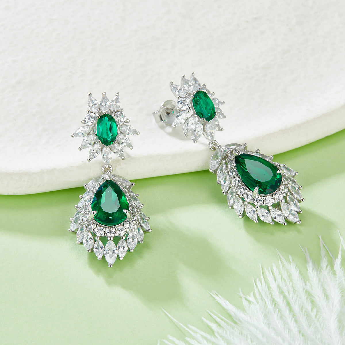 S925 Silver 8.8g 4.12ct Lab-Created Emerald Drop Earrings, 11x7mm & 6x4mm, Pair