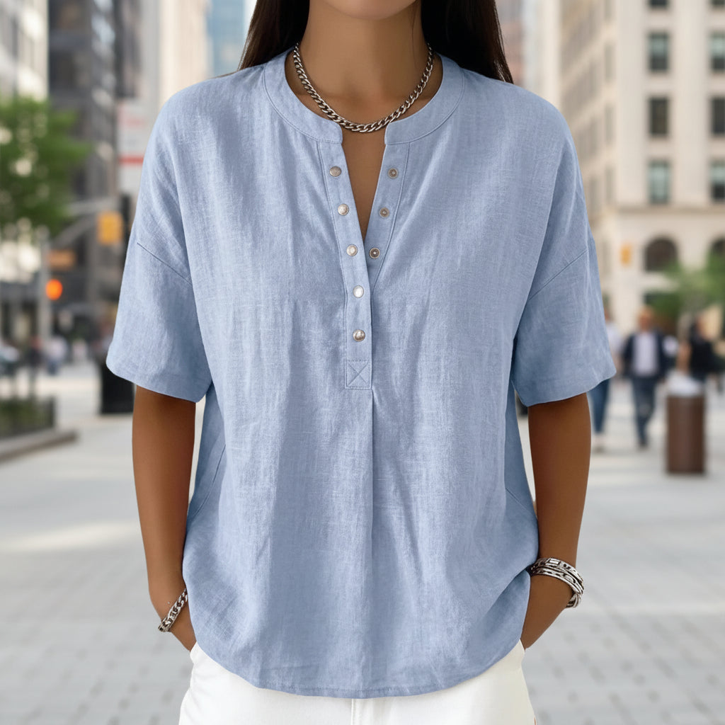 Women's Loose-Fit Short-Sleeve Henley Pullover Top - Image 3
