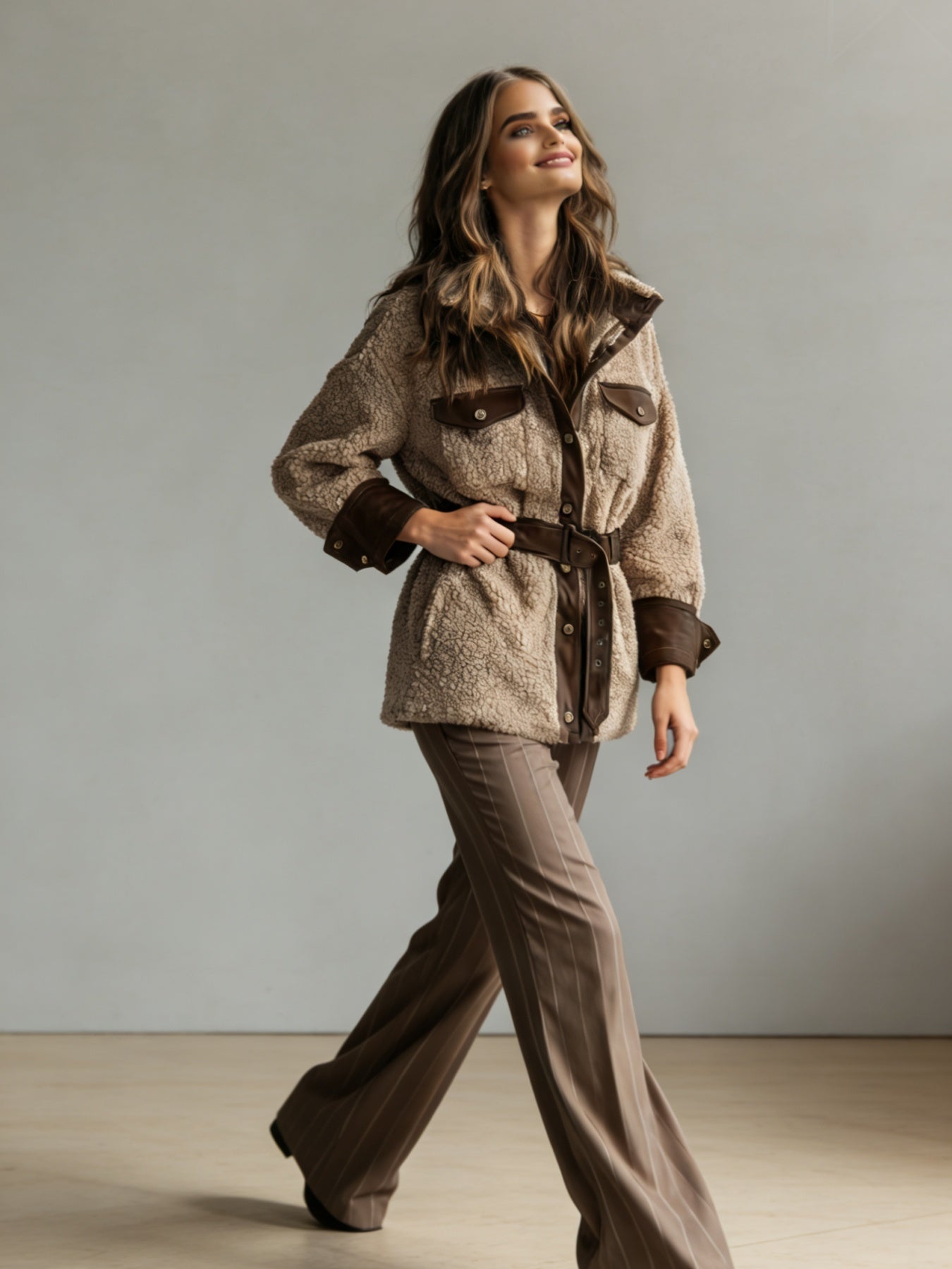 Women's Vintage PU Leather Jacket with Lamb Fur