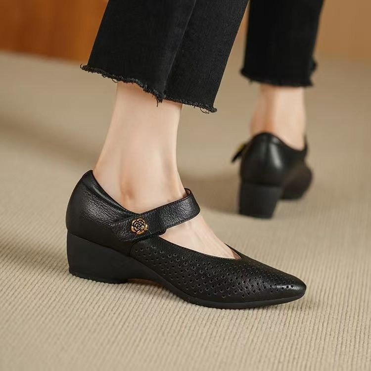 Women's retro pointed wedge heels in black and beige with floral strap detailing