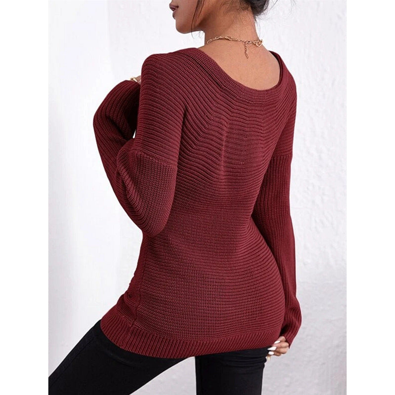 Women's Off-Shoulder Crossover Knit Sweater Long Sleeve Slim Fit - Image 6
