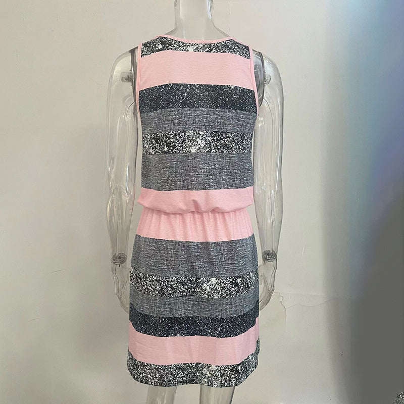 Women’s Color-Block Striped Tie-Waist Sleeveless Mini Dress
