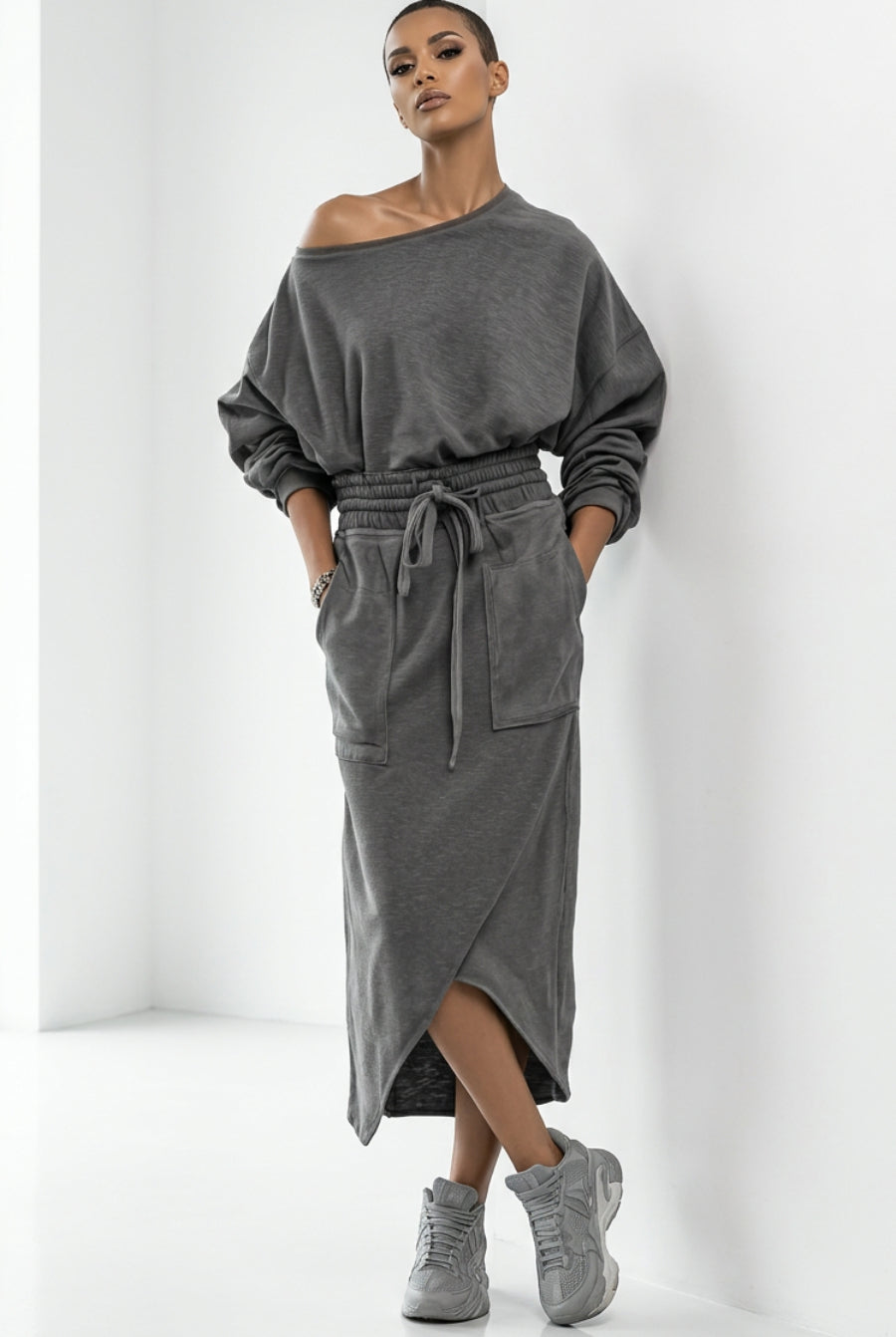 Off-Shoulder Top & Drawstring Long Skirt Set with Pockets