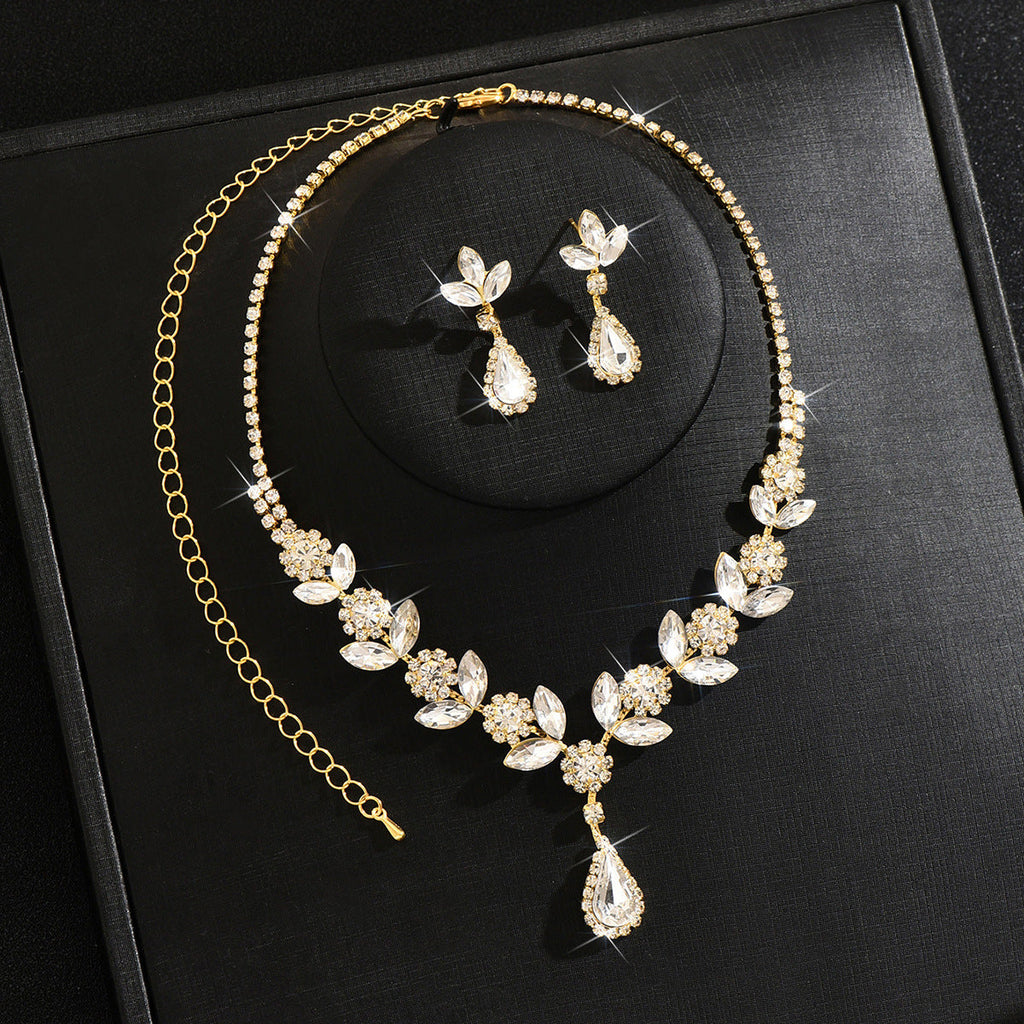 Womens Elegant Bridal 2 Pcs Rhinestone Set,Gold Tone Floral Leaf Teardrop Necklace And Dangle Earrings For Wedding Party Wear