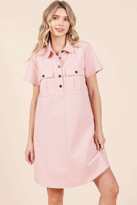 Button Detail Short Sleeve Shirt Dress