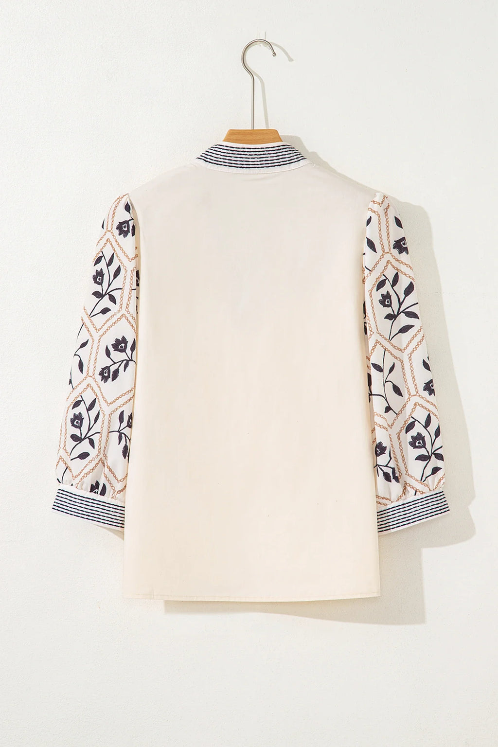 Women's Floral Puff Sleeve Blouse - Contrast V-Neck