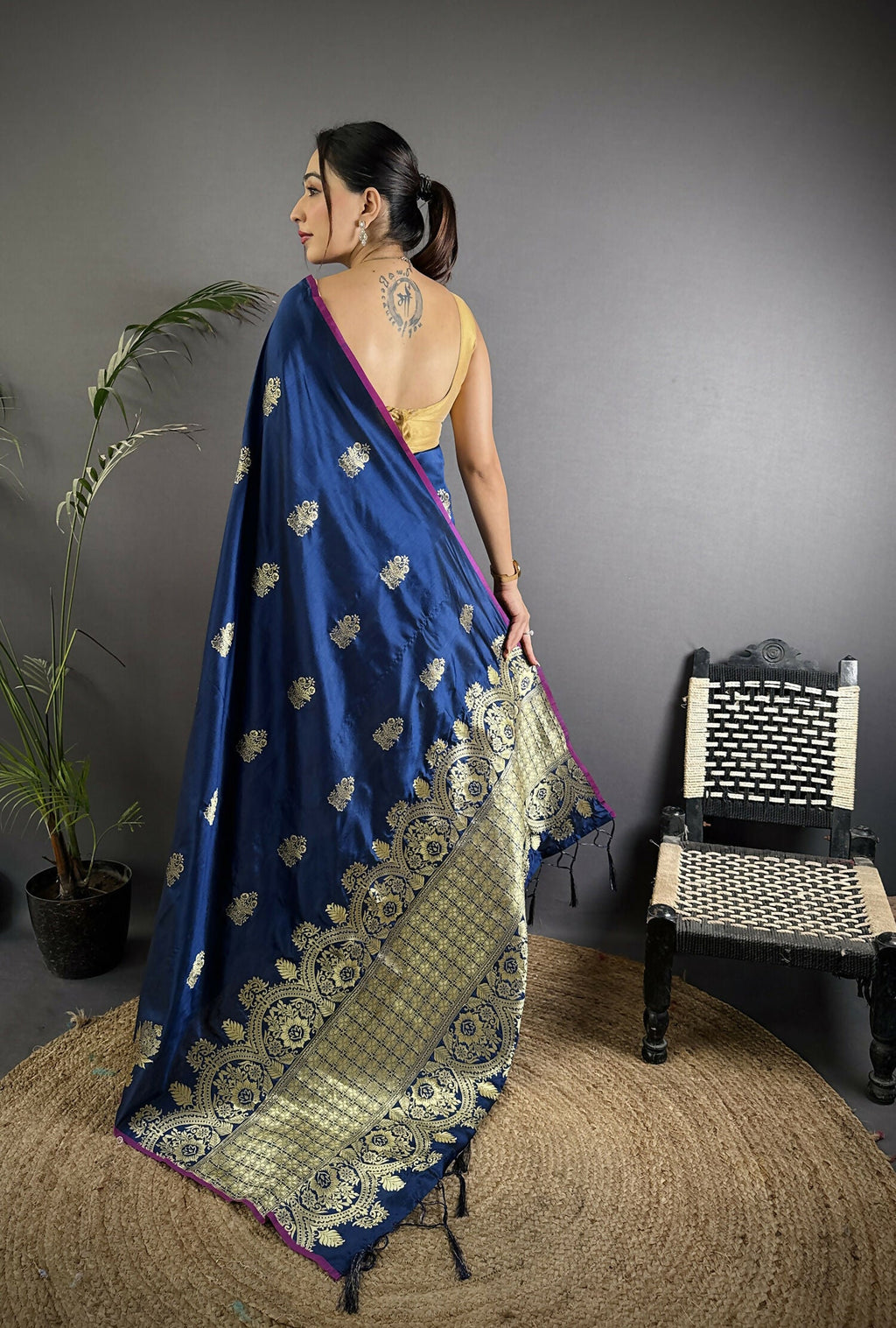 Joban Fashion Navy Blue Banarasi Lichi Silk Gold Zari Meena Saree