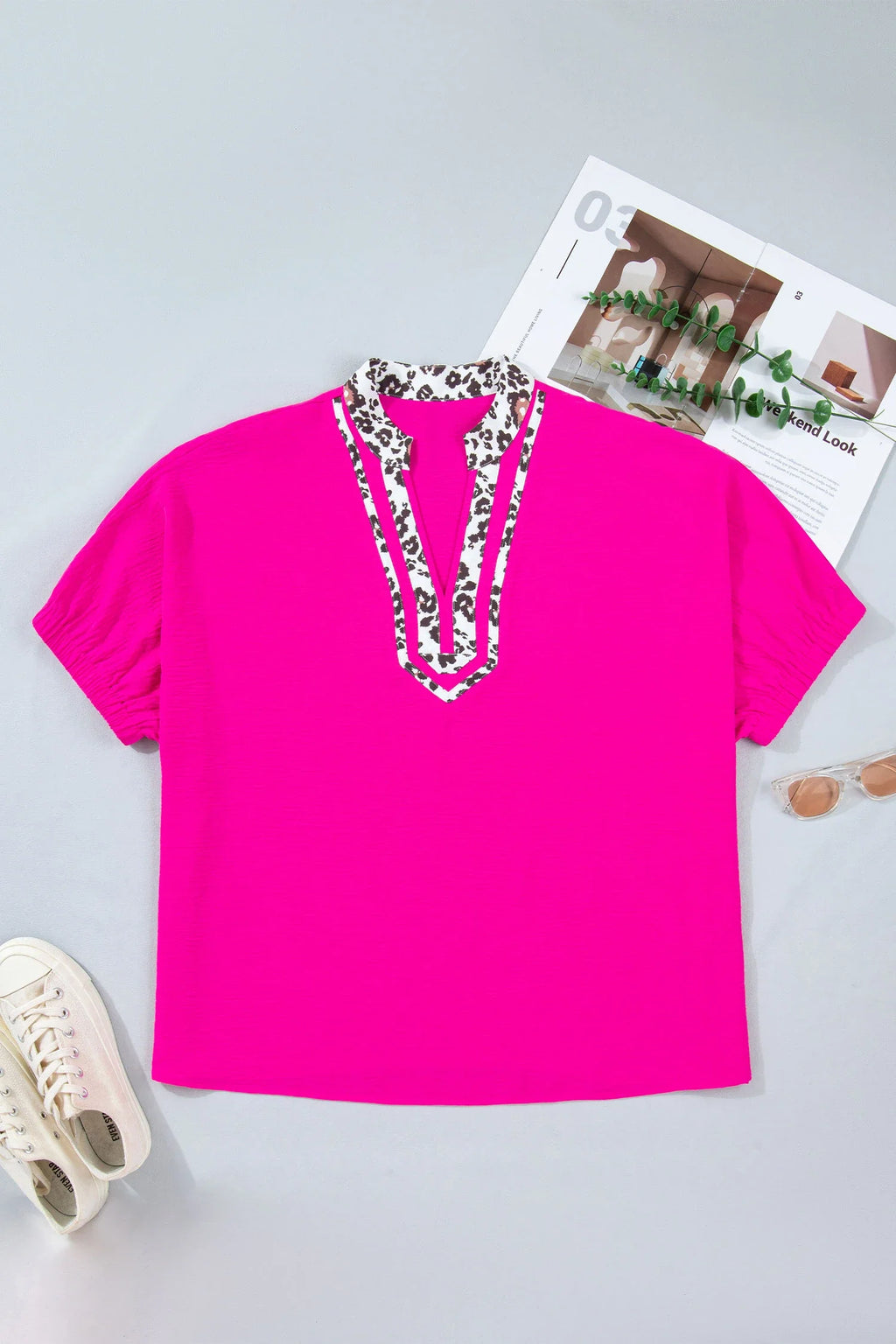 Leopard Patchwork V-Neck Dolman Top